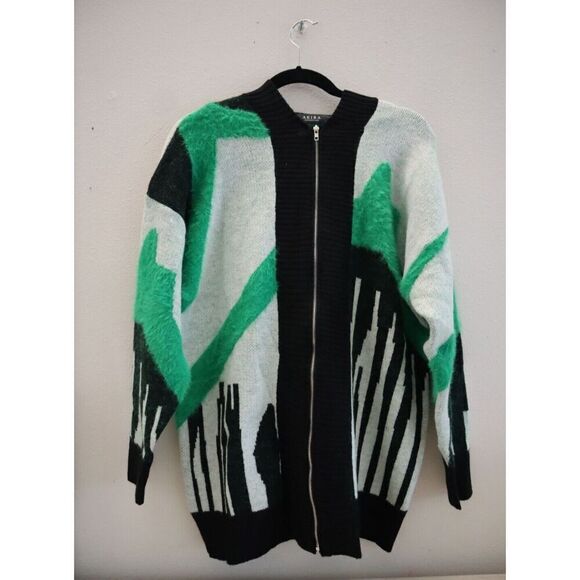 Akira T23014 Size S/M Black/Multi Full Zip Cardigan Style Hooded Sweater - Picture 1 of 9